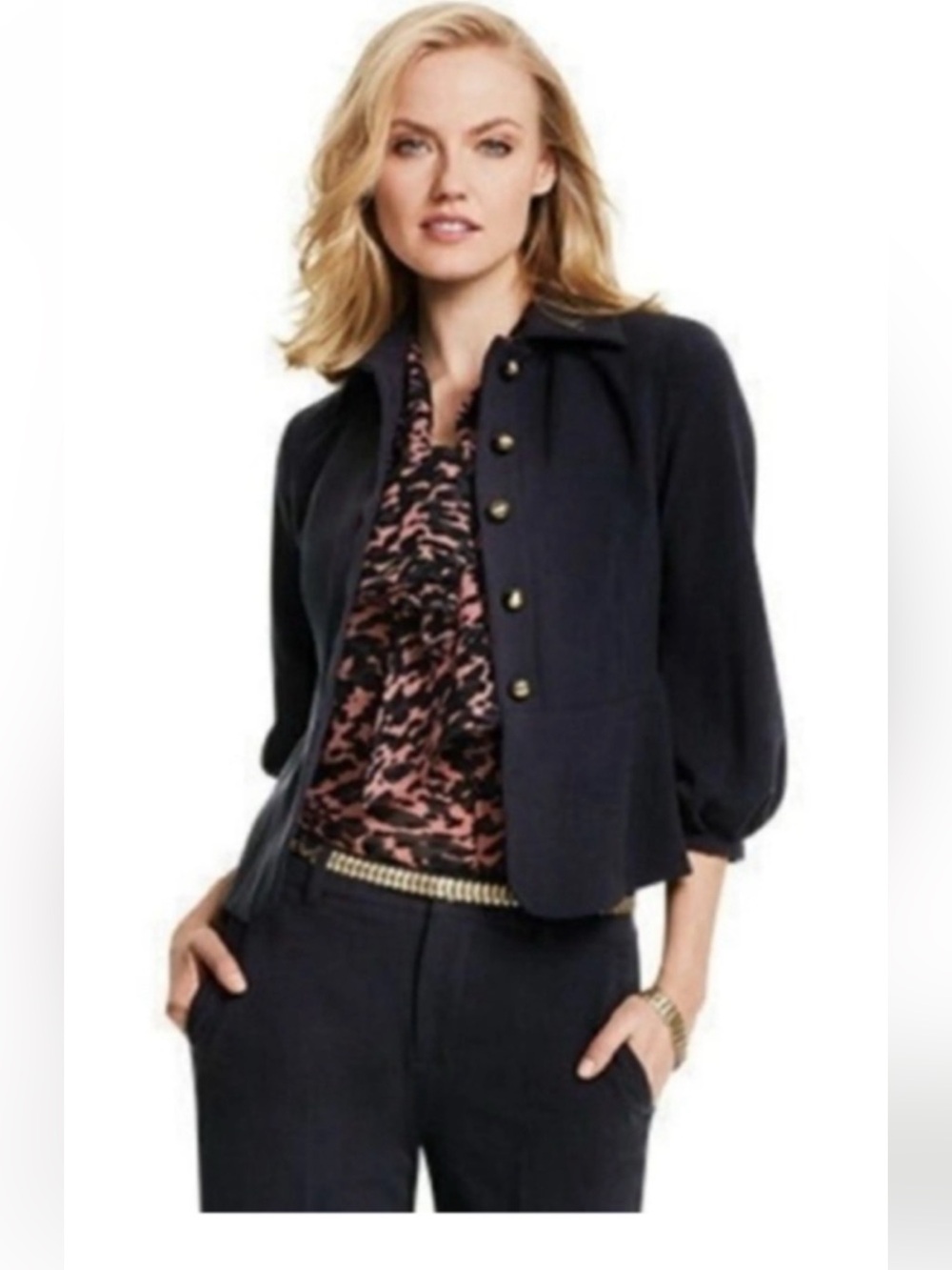 Cabi Black Button Up Puff Sleeve Military Style Abbott Tailored Jacket SZ 4